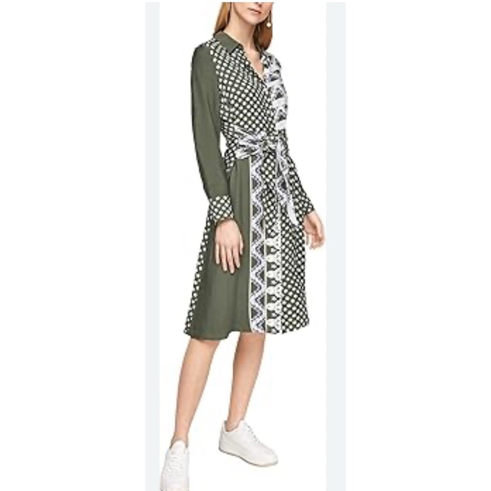 S.Oliver Blue Green And White Belted Women's  Shirt Dress, Size 4 Midi Boho